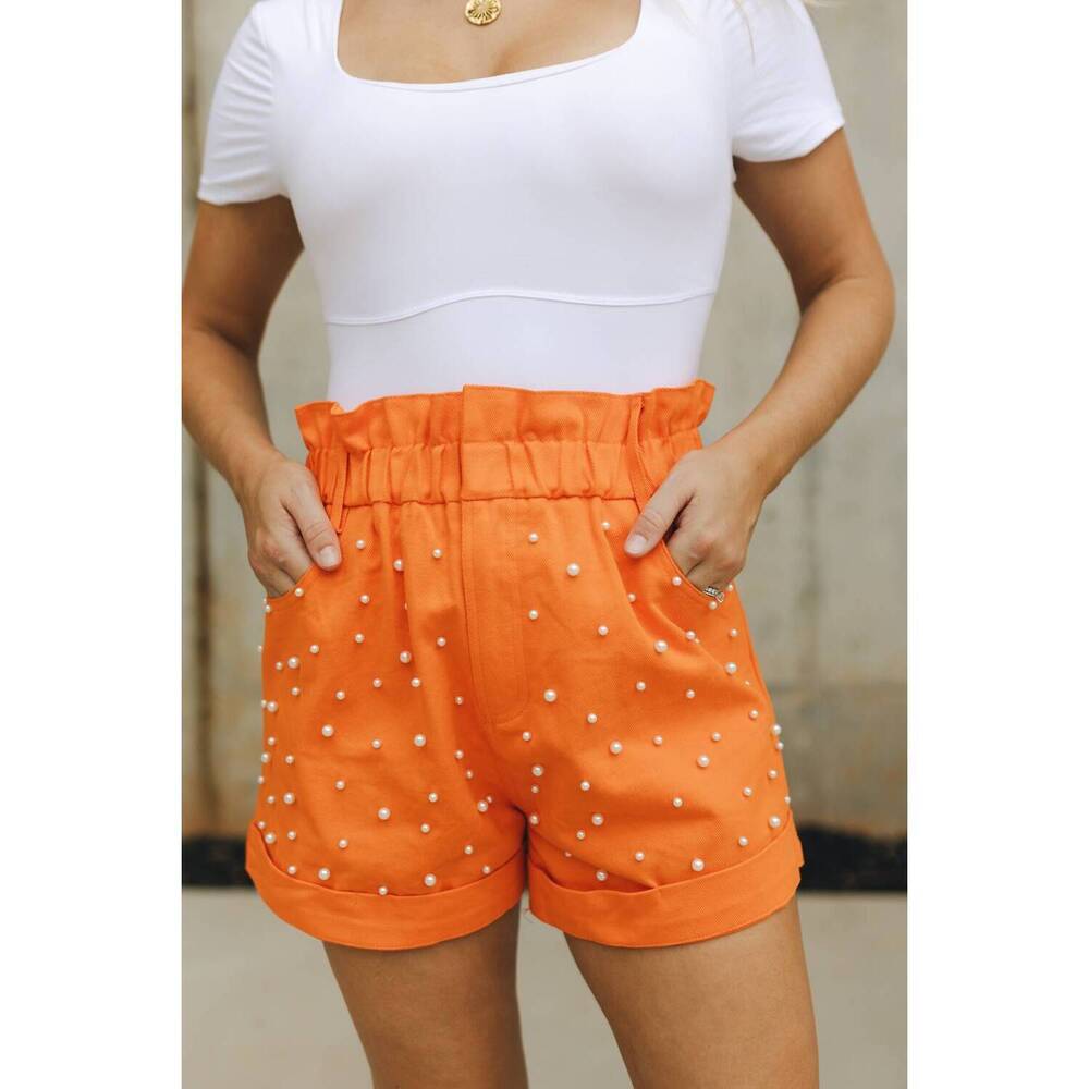 NEW SUNLAND 17 stacey denim pearl shorts in orange